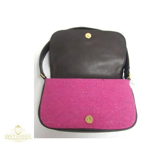 Lulu Guinness Fuchsia Tweed Applique Oak Leaves Maggy Brown Shoulder Bag - Picture 7 of 11
